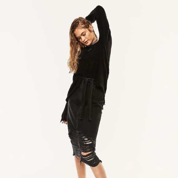 ripped midi denim skirt